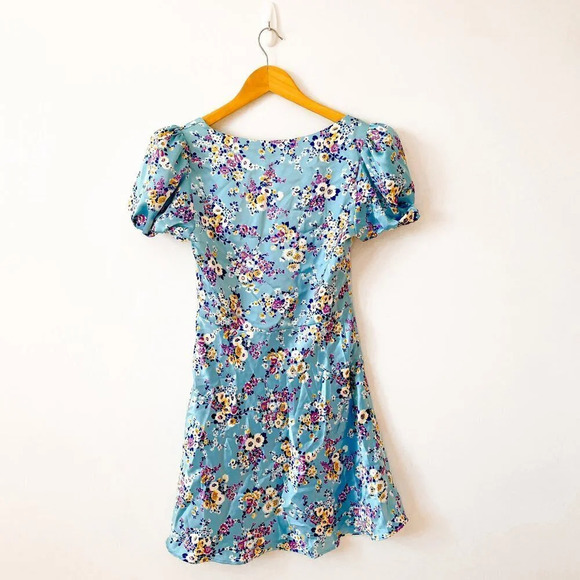 Zara Bustier Satin Effect Floral Mini Dress Puff Sleeve Sky Blue NWT Size Medium - Picture 11 of 13
